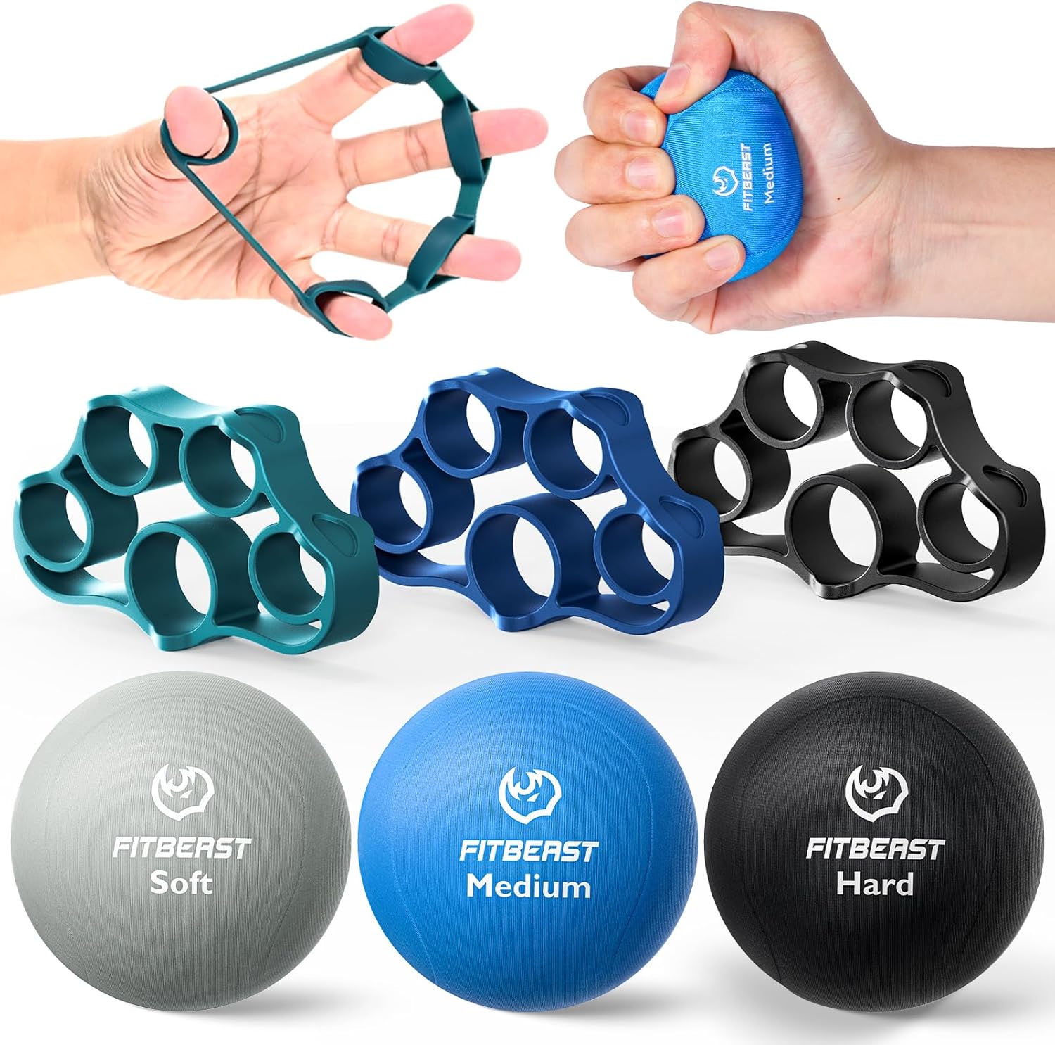 Grip Strength Trainer – 6 Pieces Hand Therapy Kit Finger Extension Exerciser & Stress Balls Rehab & Strength Training – Seniors