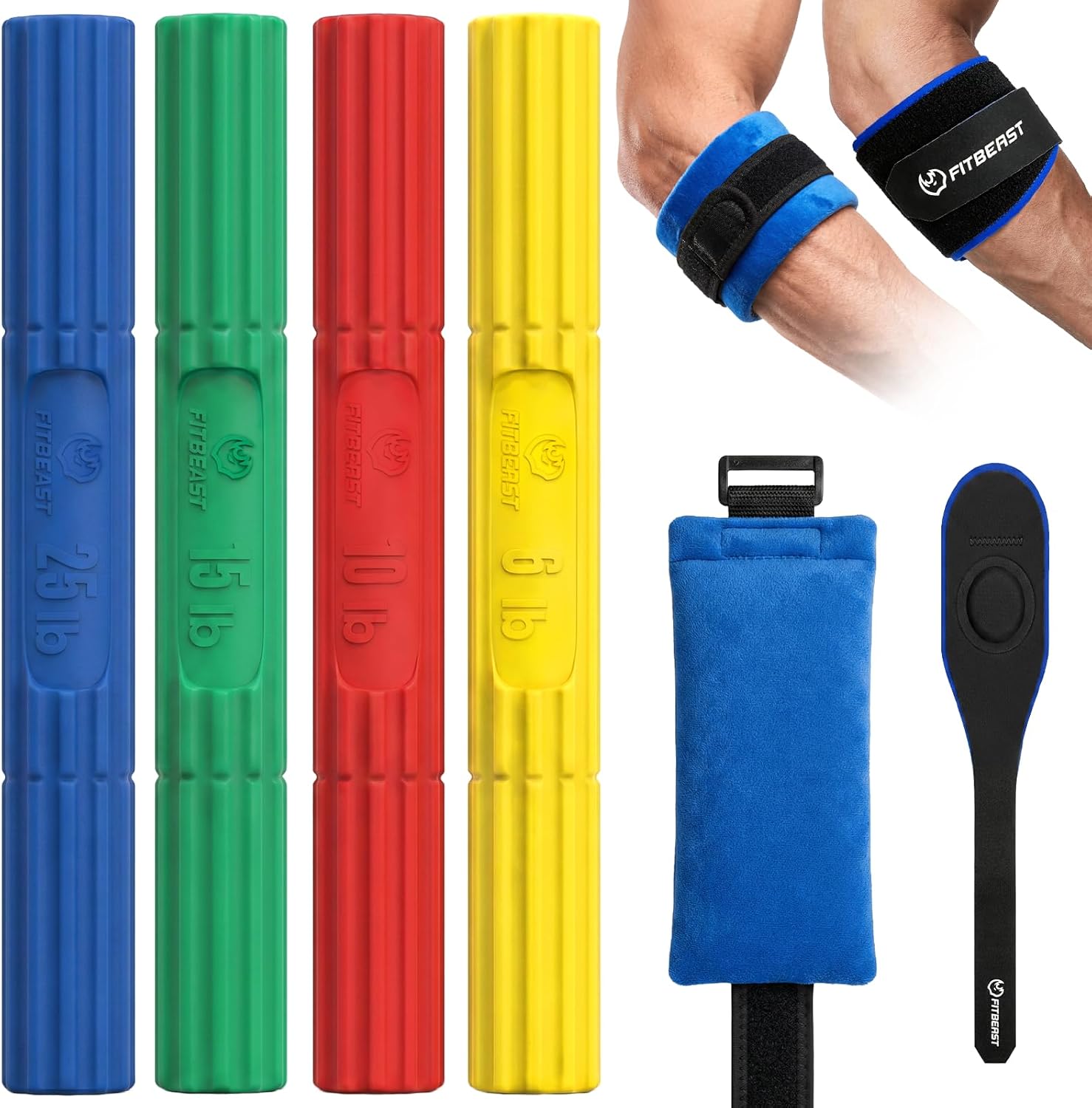 Flex Therapy Bar Forearm Strengthener Tennis Golfers Elbow 4 Resistance Grip Strength Trainer Set Elbow Brace Hot Cold Pack Wrist Exerciser Home Recovery