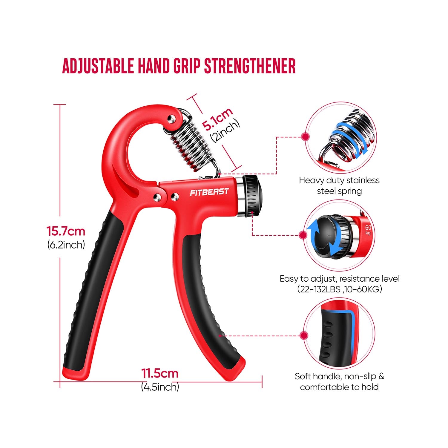 Adjustable Grip Trainer FitBeast Adjustable Hand Grip Strengthener - 10-132 Lbs Resistance For Forearm Training & Therapy 10-132 Lbs Resistance Gripper
